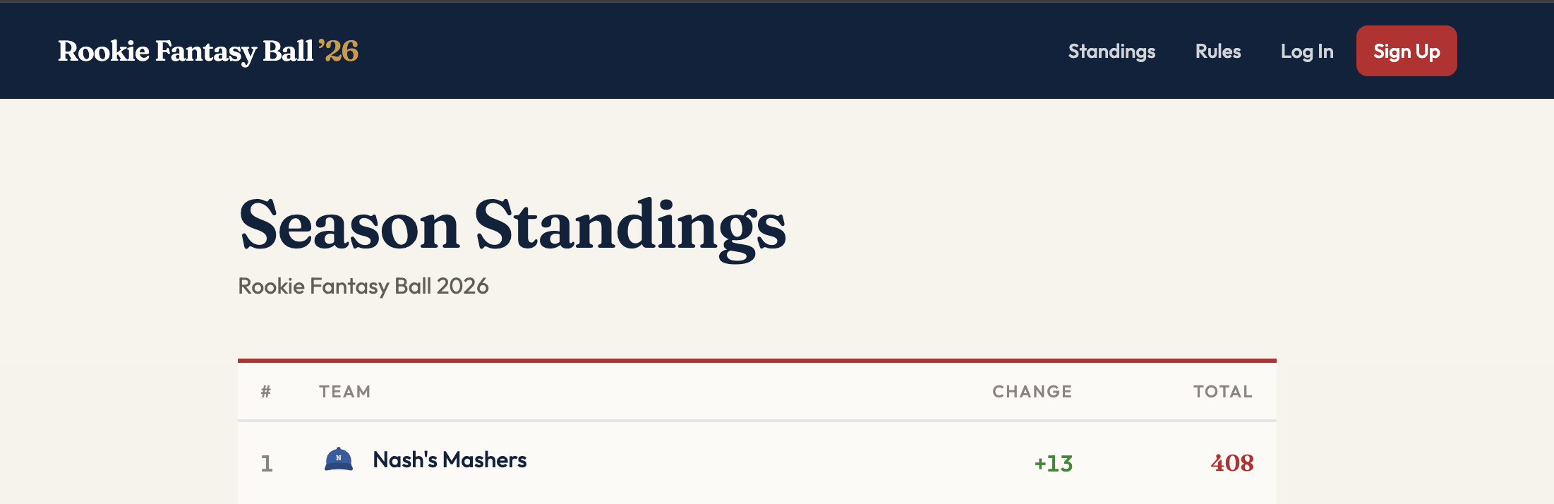 screenshot of Rookie Fantasy Baseball '26