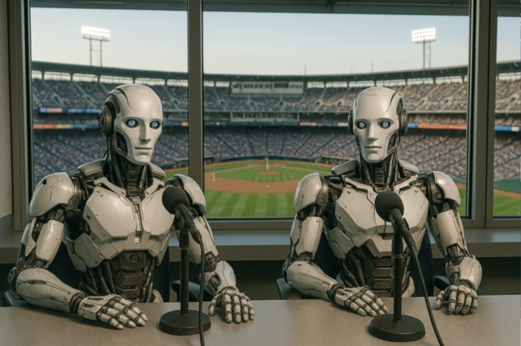 two robot announcers calling a game from a stadium broadcast booth
